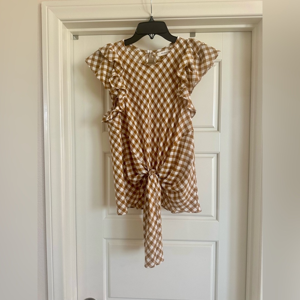 Mustard Seed Tan Checkered Tie Waist Blouse Blouse Size S NWOT